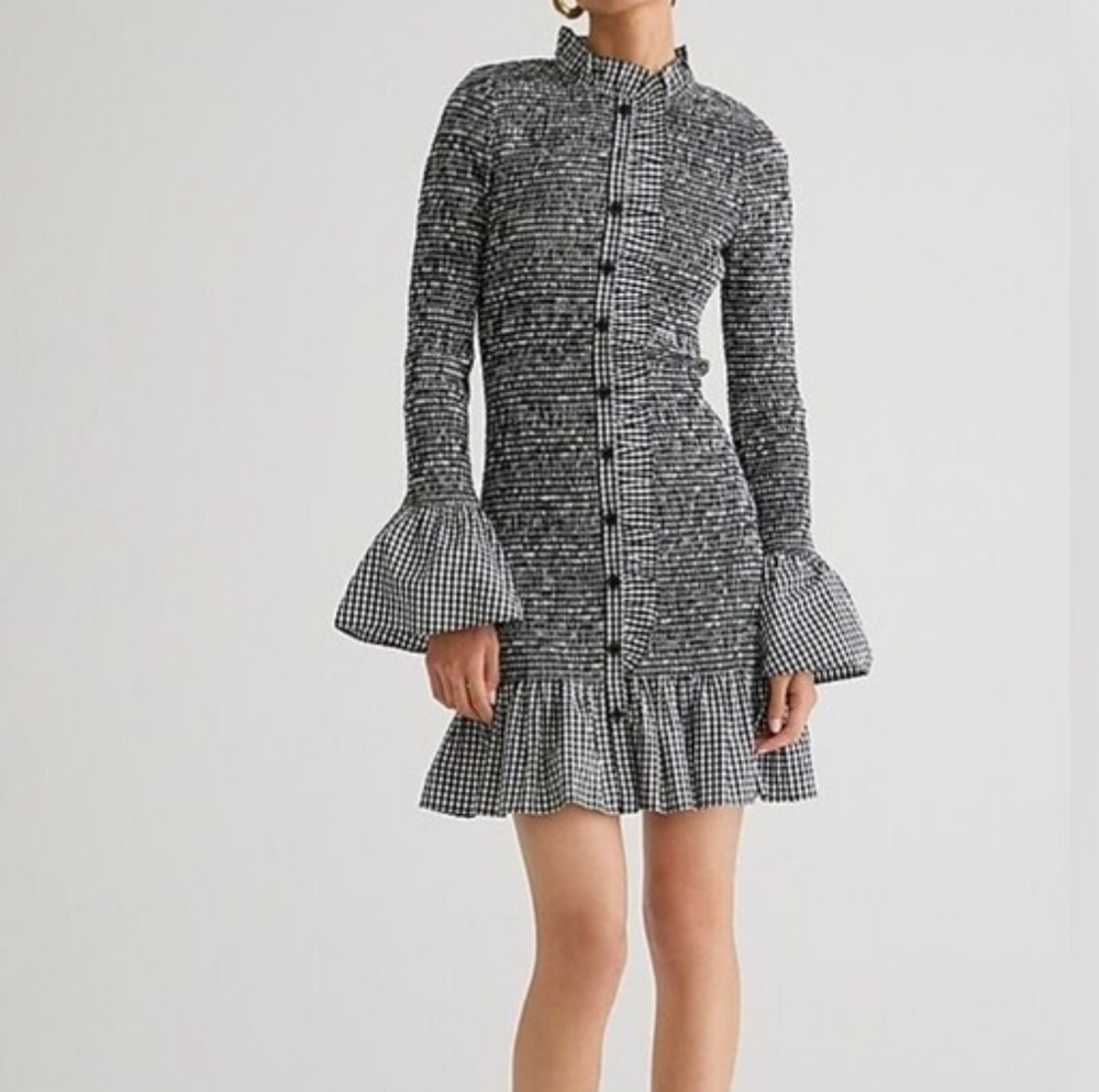 Jcrew smocked Lg Sleeve BUTTON UP dress Ruffle Gingham black/white Sz M nwt